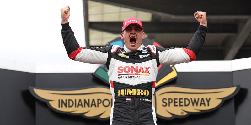 Rinus Veekay celebrates victory in the 2021 Grand Prix