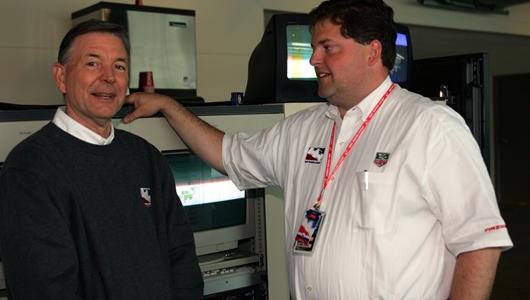 Jon Koskey (right),Director of Timing and Scoring for the Indy Racing League,during Pole Day at the Indianapolis Motor Speedway