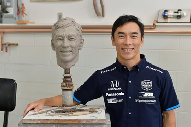 2020 Indianapolis 500 winner Takuma Sato sitting at Sculptor William Behrends Studio for BorgWarner. Tryon, 