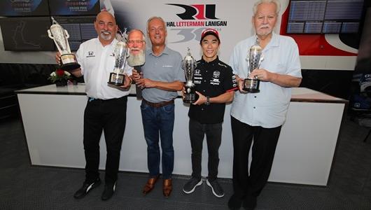 BorgWarner President and CEO Frédéric Lissalde present Takuma Sato, Bobby Rahal and Mike Lanigan with their Baby Borgs - Firestone Grand Prix of St. Petersburg