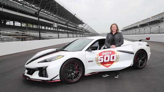 Sarah Fisher with the 2023 Corvette Z06 70th Anniversary Pace Car, the pace car for the 2022 Indianapolis 500 presented by Gainbridge