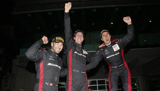 Raffaele Marciello, Daniel Juncadella, and Daniel Morad celebrate victory in the Indianapolis 8 Hour