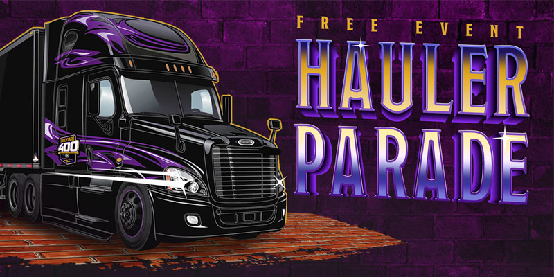 Free Event Hauler Parade text over a stylized image of a NASCAR hauler over purple bricks
