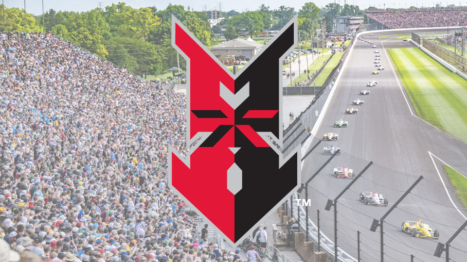 Indianapolis Indians Logo over an image of turn three at Indianapolis Motor Speedway