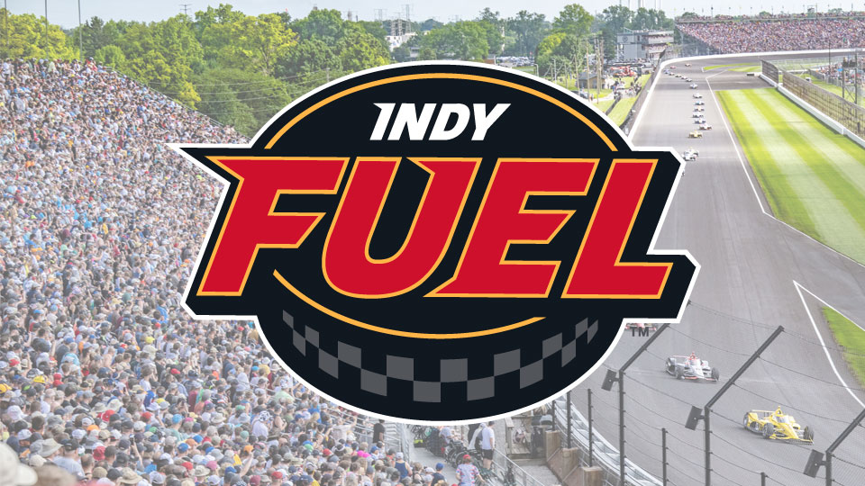 Indy Fuel Logo over an image of turn three at Indianapolis Motor Speedway