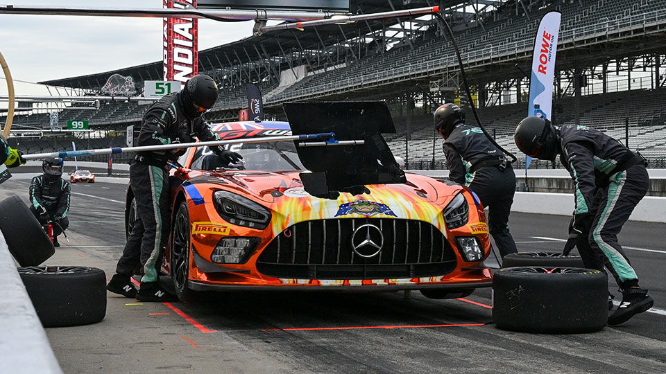 A car races at the Indianapolis 8 Hour