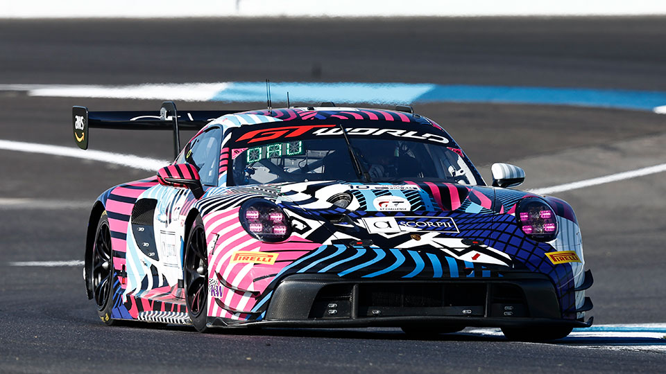 A car races at the Indianapolis 8 Hour