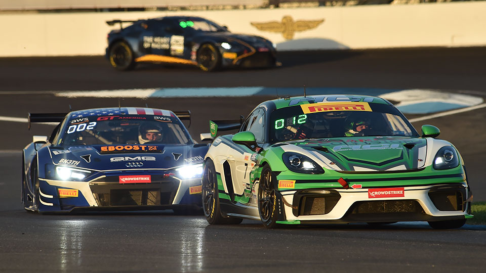 A car races at the Indianapolis 8 Hour