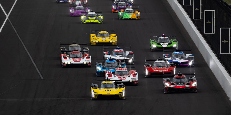 IMSA field enters turn 1 at Indianapolis Motor Speedway