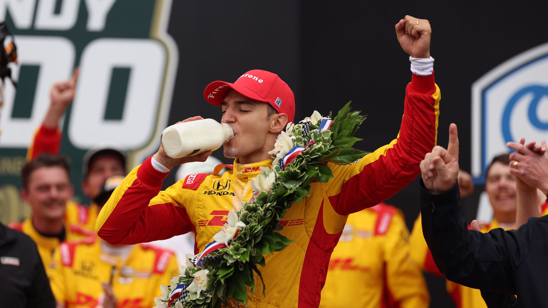 Alex Palou celebrates victory in the 109th Running of the Indianapolis 500 Presented by Gainbridge