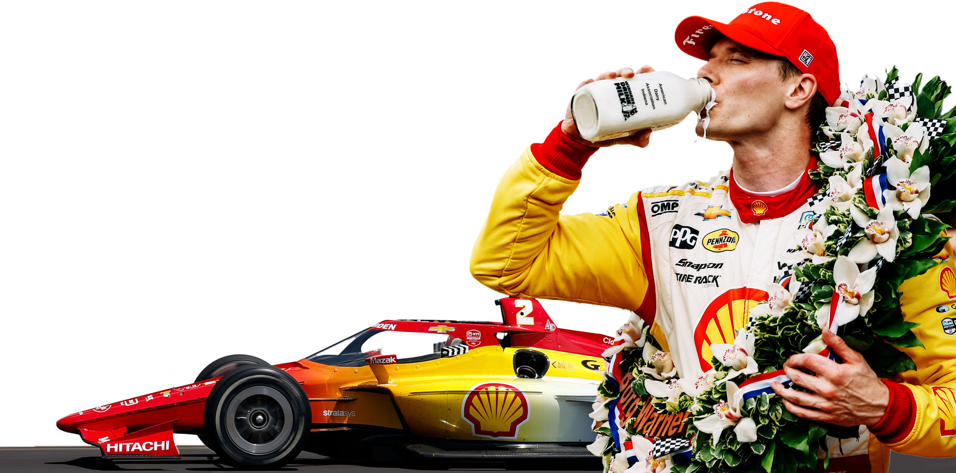 A composite image of Josef Newgarden celebrating victory in the 2024 Indianapolis 500 and the #2 car