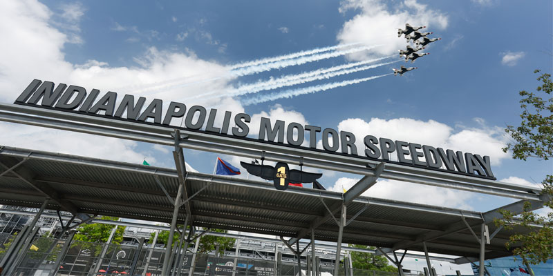 The Thunderbirds in formation over Gate 1 at Indianapolis Motor Speedway