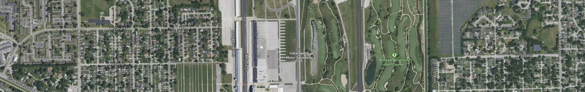 A satellite map view of a portion of the Indianapolis Motor Speedway and surrounding areas