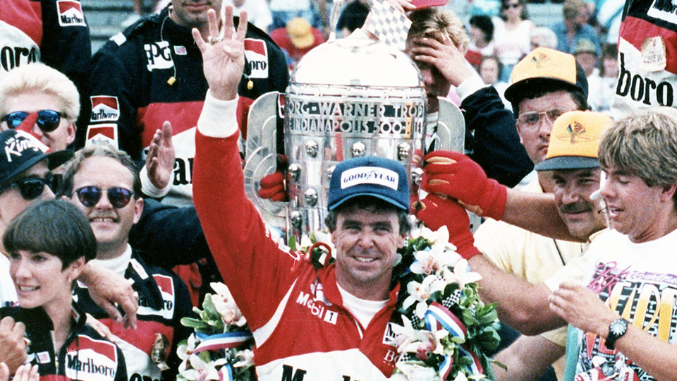 Rick Mears celebrates his fourth Indy 500 win