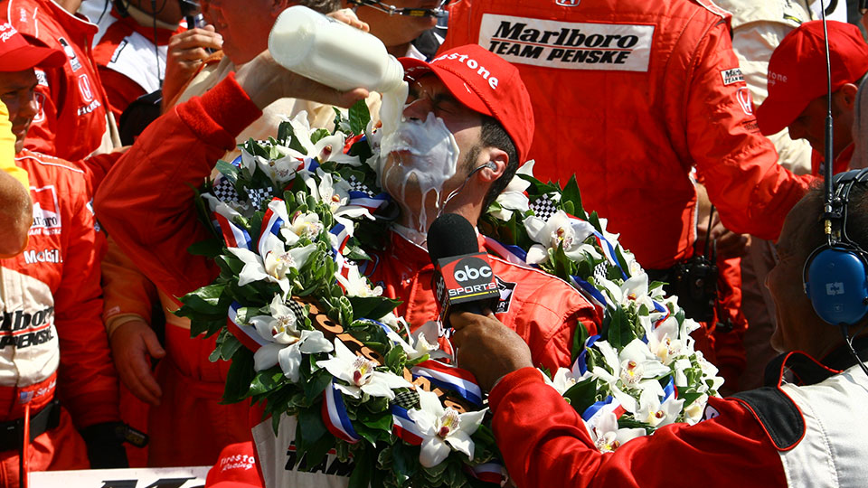 Sam Hornish Jr. celebrates winning the Indy 500