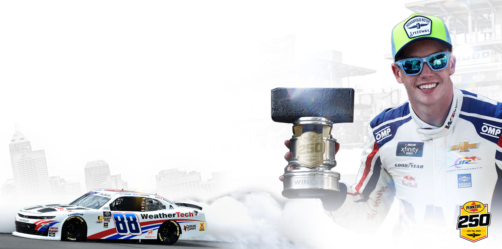 2025 Pennzoil 250 winner Connor Zilisch celebrating victory and an image of his car doing a burnout