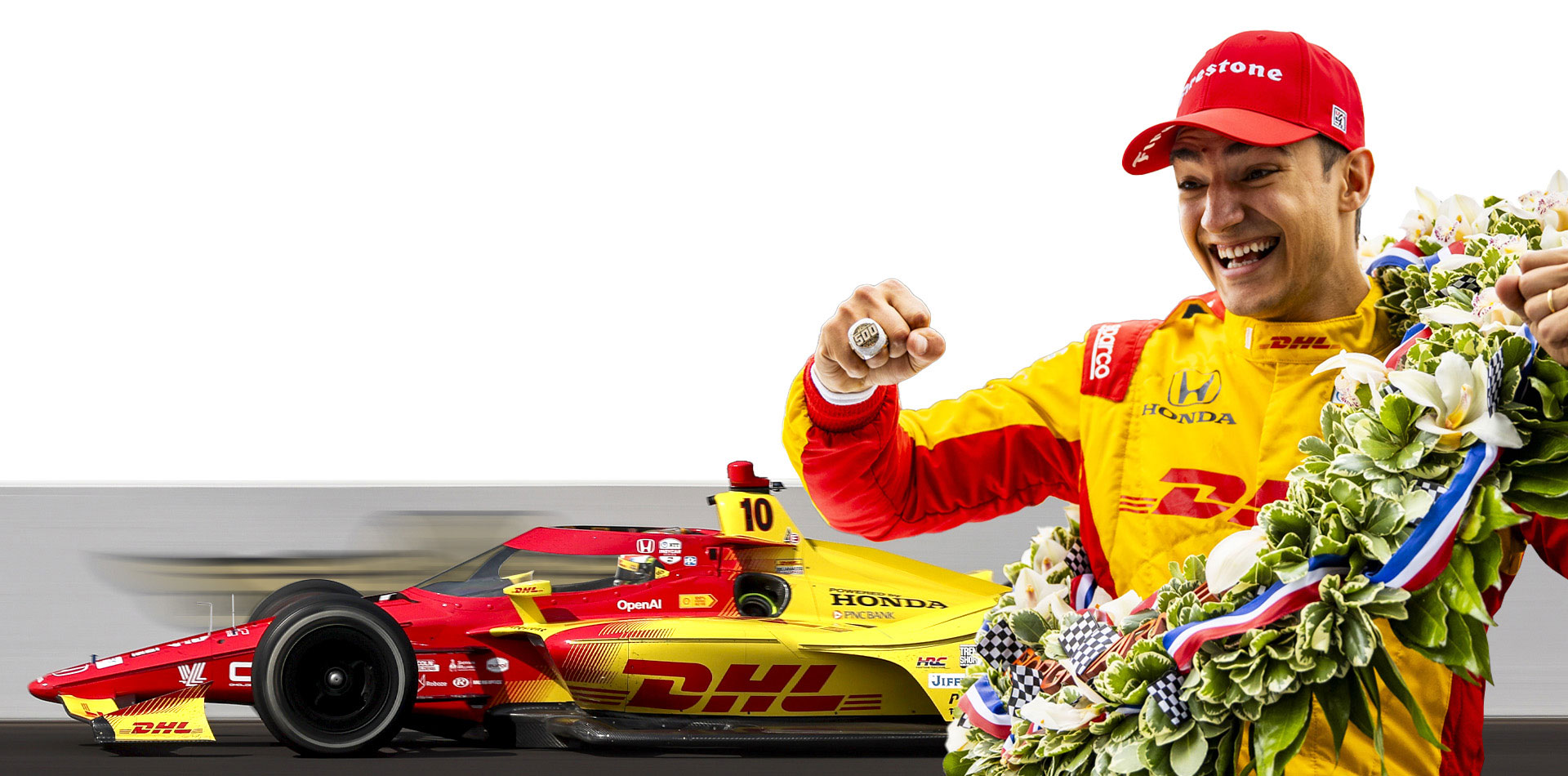 Alex Palou celebrates victory in the 109th Running of the Indianapolis 500 presented by Gainbridge