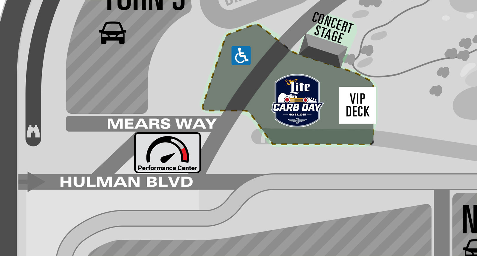 A partial map of IMS showing the Performance Center and the Carb Day stage