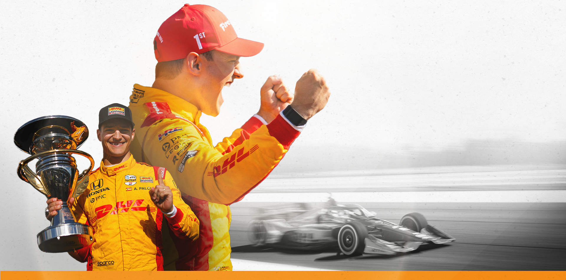 A composited image showing Alex Palou celebrating victory in the 2023 Sonsio Grand Prix with a shot of his #10 car on track in the background