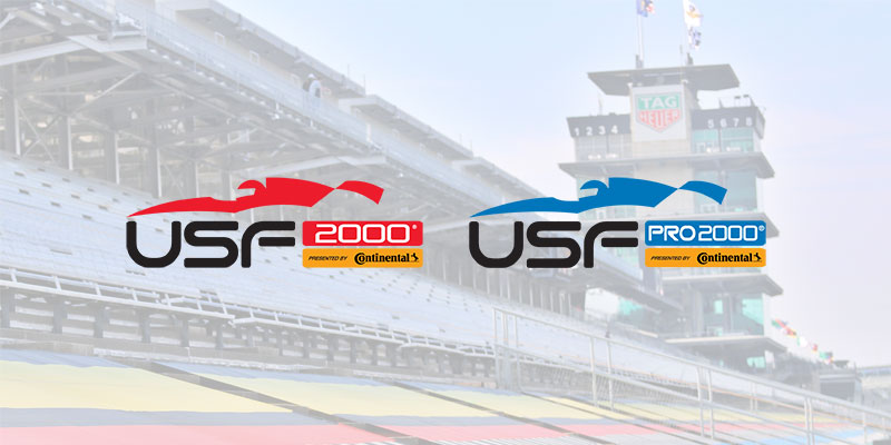USF2000 and USF2000Pro Logos over a light photo of the Pagoda at Indianapolis Motor Speedway