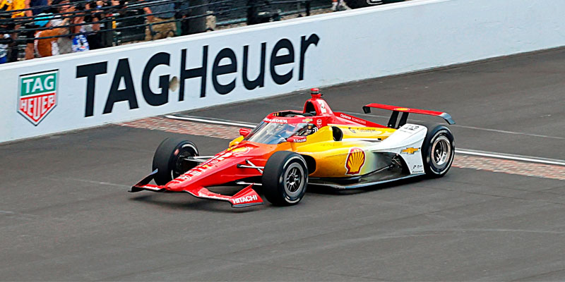 Josef Newgarden crosses the Yard of Bricks in victory at Indianapolis Motor Speedway