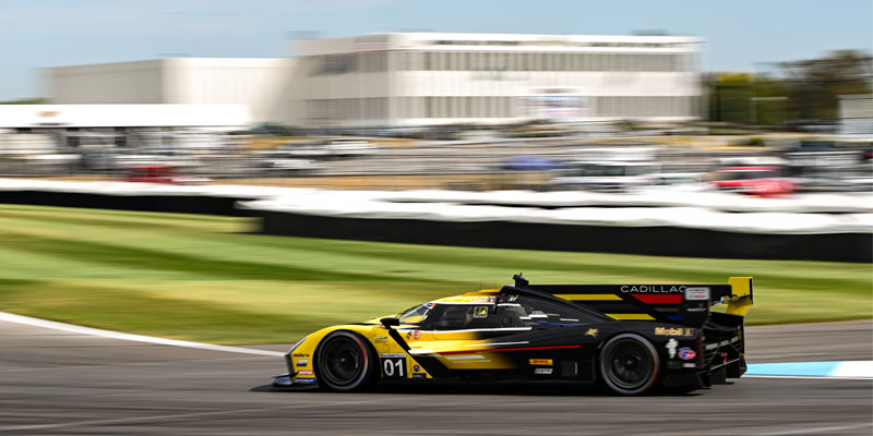 The #01 Cadillac Racing Cadillac V-Series.R at speed at Indianapolis Motor Speedway