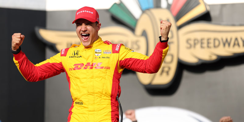 Alex Palou celebrates victory at Indianapolis Motor Speedway